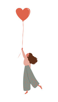 Flat vector illustration of a faceless woman flying up holding a red heart shaped balloon, isolated object