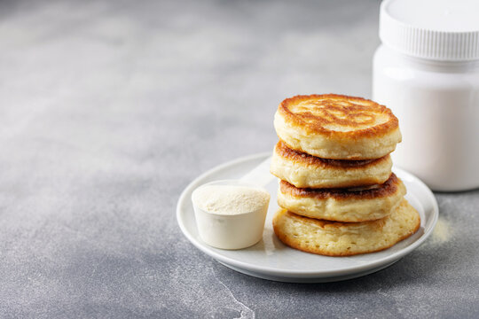 Vegan protein pancakes in plate on the table. Sport, diet and wellnes nutrition