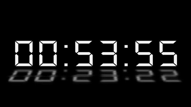 Digital 54 minute Countdown. Digital 54 to 53 minute Countdown timer on black background. Digital Countdown timer from 54 minute to 53 minute suitable for presentations, educational 4k video