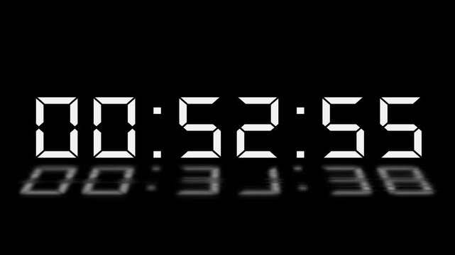 Digital 53 minute Countdown. Digital 53 to 52 minute Countdown timer on black background. Digital Countdown timer from 53 minute to 52 minute suitable for presentations, educational 4k video
