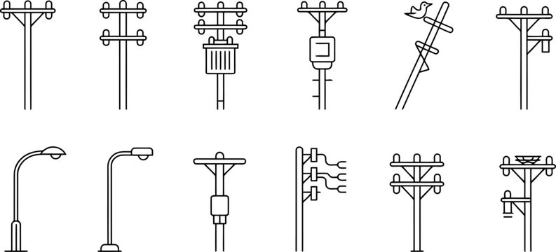 Collection of simple line depicting various utility poles and streetlights vector, transparent background