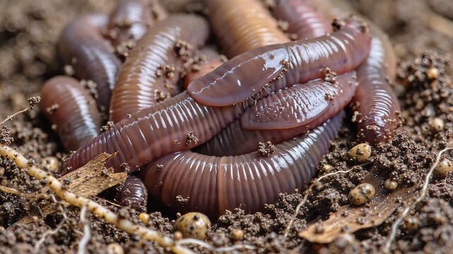 Macro shot of earthworms coiled in dark soil for composting and soil health