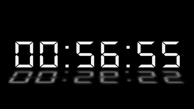 Digital 57 minute Countdown. Digital 58 to 57 minute Countdown timer on black background. Digital Countdown timer from 58 minute to 57 minute suitable for presentations, educational 4k video