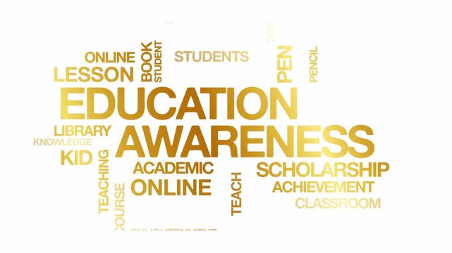 Education awareness concept Animated Tag Word Cloud kinetic typography, Text Design Animation typography seamless loop video motion graphics Intro Wordart arrangement golden type on white background b