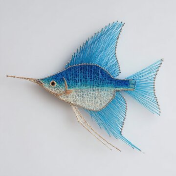 Intricate Blue Metal Wire Sculpture Of A Sailfish On A Plain Neutral White Background