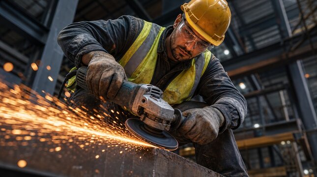 Construction worker wearing safety uniform uses handheld grinder, with sparks flying in industrial setting.