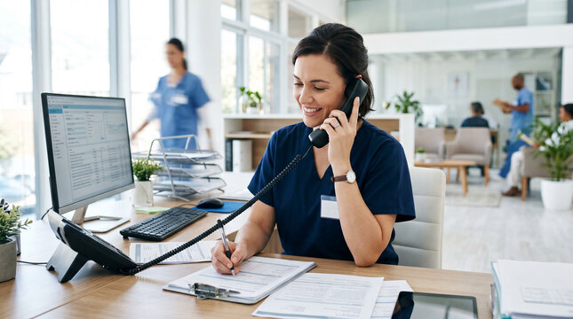 Nurse speaking on telephone while working at medical office desk with computer.