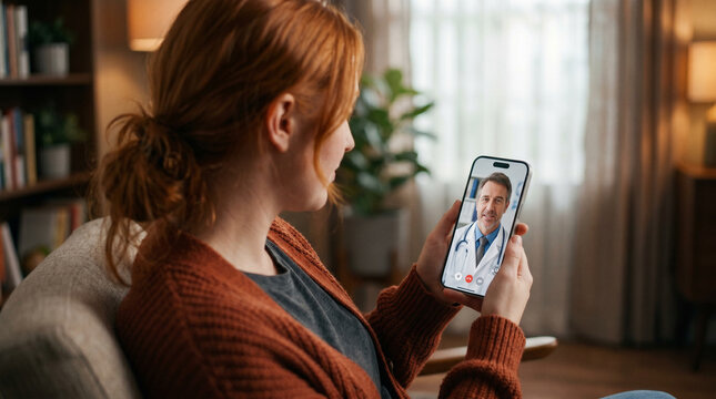 Patient using smartphone for telehealth consultation with doctor.