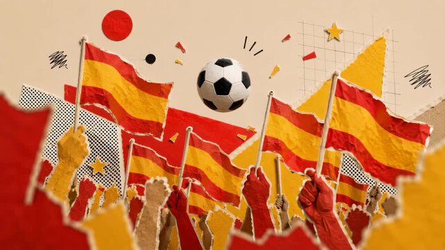 Paper cut style background with silhouette of soccer fans waving Spain flags around a football to celebrate a championship victory