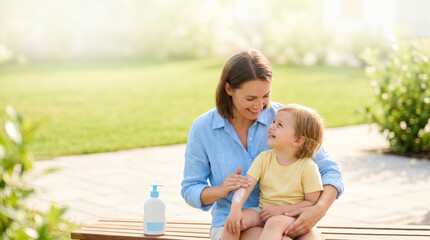 Obraz premium Mother applying sunscreen on child at the beach for sun protection