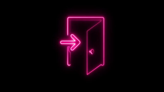 Neon Logout icon animation on black screen, exit button, sign out symbol video footage, logout off animated clip. 4k video