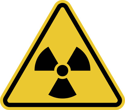 Yellow triangular warning sign with black radioactive hazard symbol icon.