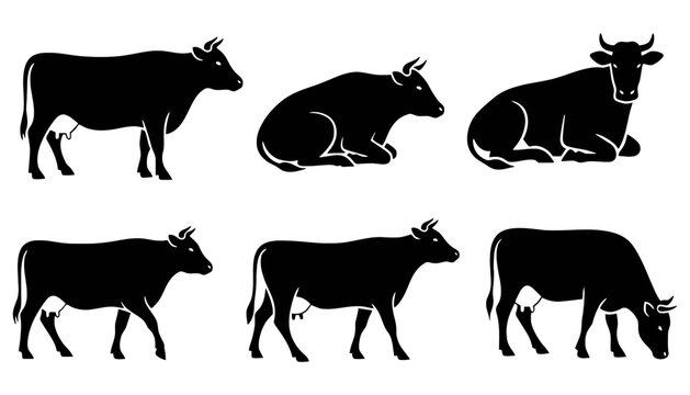 Cow silhouette icons set farm animals standing sitting grazing