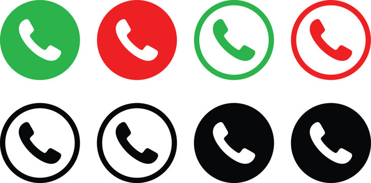 Telephone handset icon vector set featuring incoming and outgoing phone calls inside colorful circular buttons for customer service support interface elements