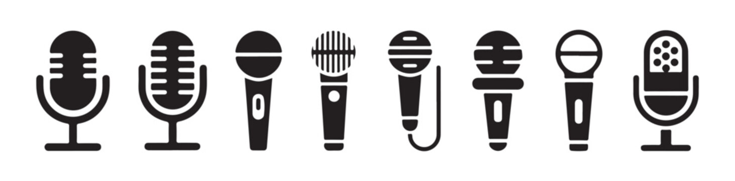 Black microphone icons set for audio recording broadcast studio communication and sound equipment.