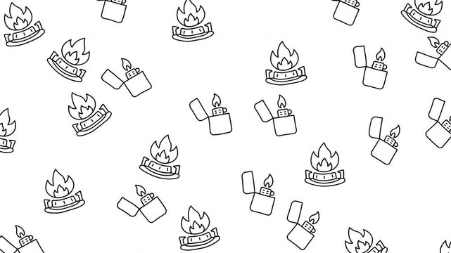 Repeating patterns illustrate numerous flaming lighters plus various burning round stove burners.