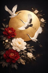 Fototapeta premium Cranes flying over vibrant peonies with a golden sun backdrop.