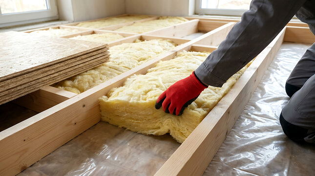 Worker installing mineral glass wool insulation in wooden floor joists for thermal efficiency