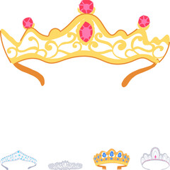 Obraz premium Collection of five decorative tiaras and crowns set, featuring various designs with dazzling jewels and intricate details, ideal for concepts of royalty, celebration, and special events