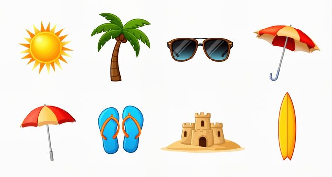 Summer Beach Icons: Sun, Palm Tree, Sunglasses, Umbrella, Flip Flops, Sandcastle, Surfboard

