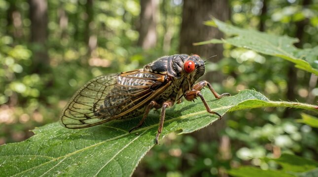 Close-up of a large cicada insect resting on a vibrant green leaf in a forest setting.