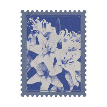 Antique Floral Postage Stamp with Blue Lily. Aged vintage riso print sticker with cyanotype botanical flower for aesthetic scrapbook, collage and design