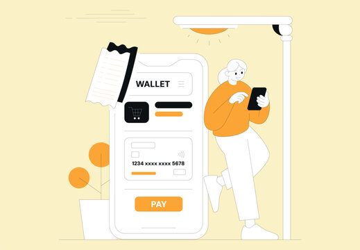 Woman using mobile wallet app for online payment under a streetlight.