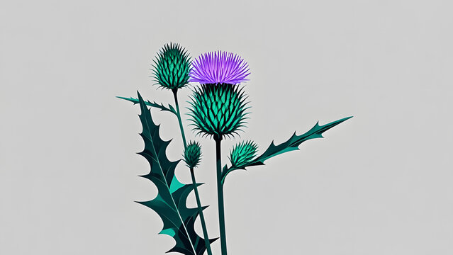 Purple thistle flower with green spiky leaves and buds on light gray background