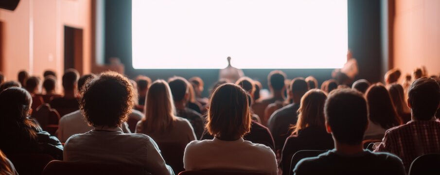 Cinema, conference hall, or business workshop with an audience sitting and listening to the speaker during a presentation.