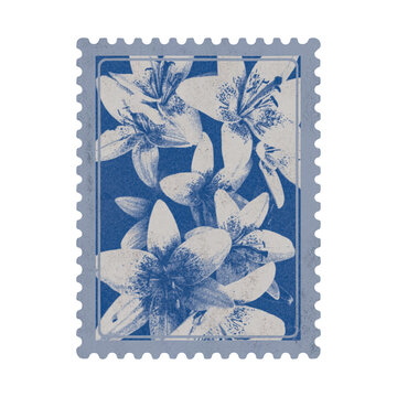 Vintage Cyanotype Floral Postage Stamp with Lily. Retro aesthetic riso print sticker with blue botanical flower for scrapbook, collage and journal design