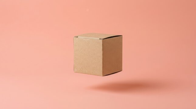 Cardboard cube drifts in the center of a plain light red field.