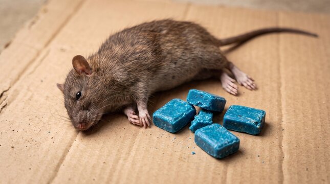 Dead Rat Lying Next to Blue Poison Blocks on Cardboard Surface.