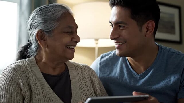 Grandmother and grandson using digital tablet together at home