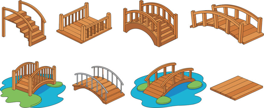 Isometric Wooden Bridge Vector Icon Collection with Footbridge Stairs, Arched Garden Walkways, Pond Crossings, and Architectural Elements for Outdoor Landscape Game Design