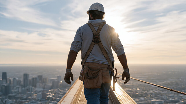 Broad-shouldered Brazilian steel erector walking a narrow beam forty stories above a city skyline without a glance downward, safety harness clipped, tool belt heavy at his waist,