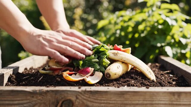 Hands adding organic food scraps to compost bin in garden