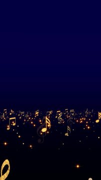 golden music notes flying space bottom on dark blue background animation,song, music and concert stream vertical social media motion background