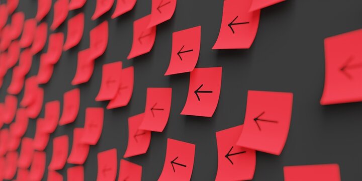 Many red stickers on black board background with arrow pointing left symbol drawn on them. Closeup view with narrow depth of field and selective focus. 3d render, Illustration