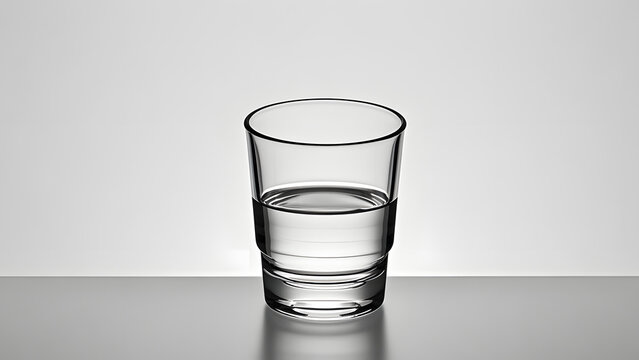 Clear glass tumbler half-filled with water on gray surface