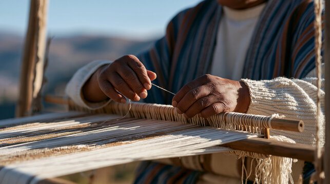 Peruvian textile weaver at a backstrap loom outside a hillside home, intricate pattern emerging from handwork, indigenous craft, artisan economy, cultural heritage, outdoor