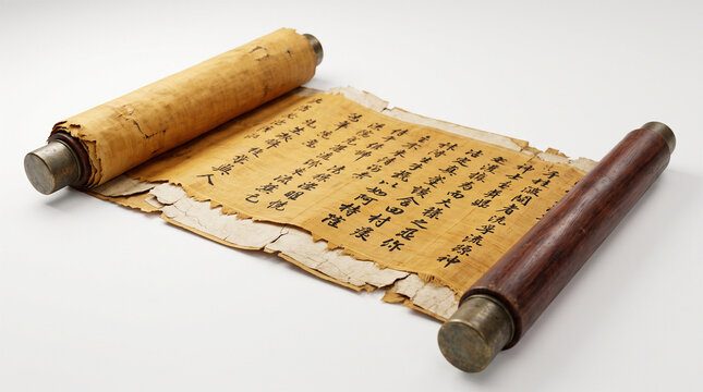 Ancient yellowed chinese scroll isolated on white background