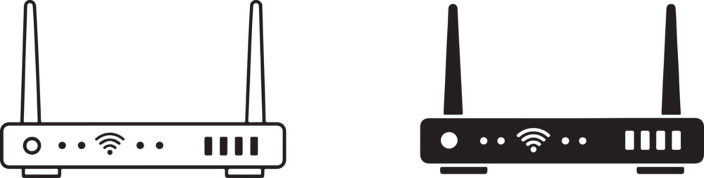 Black and white router icon set with antenna vector symbols for wireless network and internet technology.
