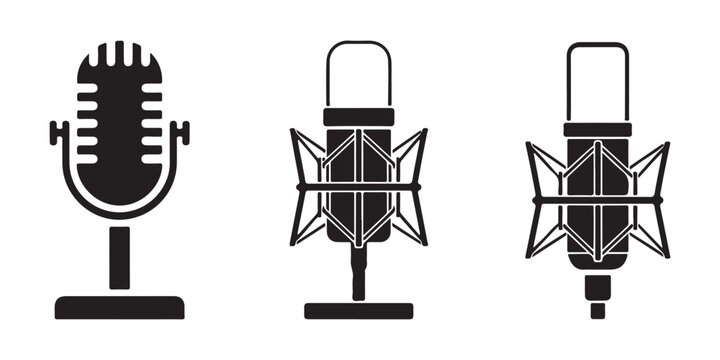 Professional studio condenser microphones on stands and shock mounts isolated vector illustration.