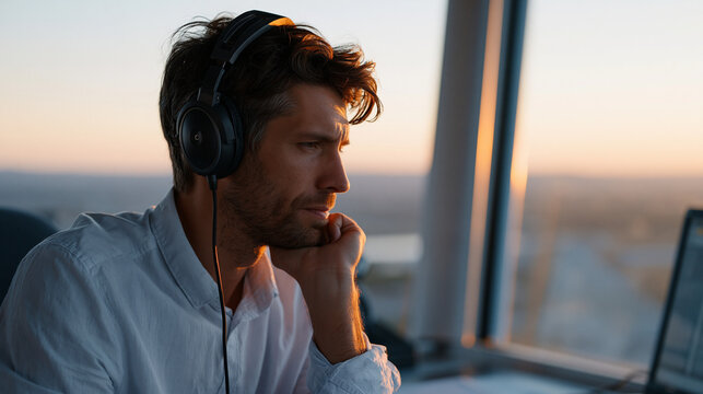 Aerospace ground dispatcher in a control tower cab reviewing weather-clearance data at dawn, aviation operations career, airport infrastructure, professional solitude, technical
