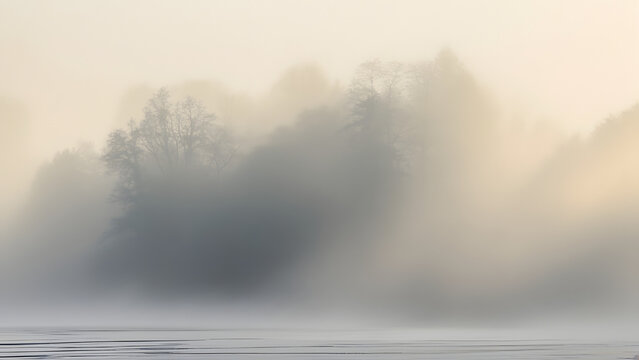Misty forest silhouette on calm water at dawn with soft golden light