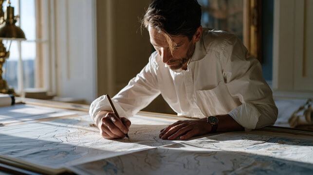 A cartographer rendering topographic contours onto a large paper map using ink pen at a drafting table, traditional cartography, geographic illustration, spatial data