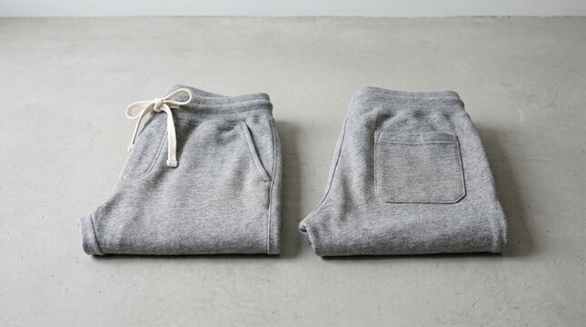 The front and back of two folded gray sweatpants with a drawstring and pocket are displayed on a gray surface for mockup purposes.