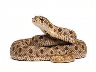 Fototapeta premium Spotted hognose snake coiled on white background for world snake day with wildlife, isolated