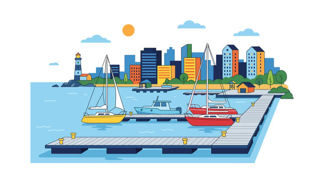 Modern City Marina with Sailboats, Buildings, and Lighthouse