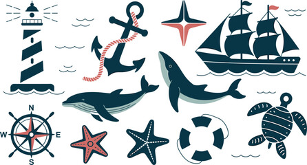 Nautical Marine Elements and Sea Life Vector Illustration Set Featuring Lighthouse Anchor Sailing Ship Compass Whale Dolphin and Sea Turtle Elements © ALEXA!